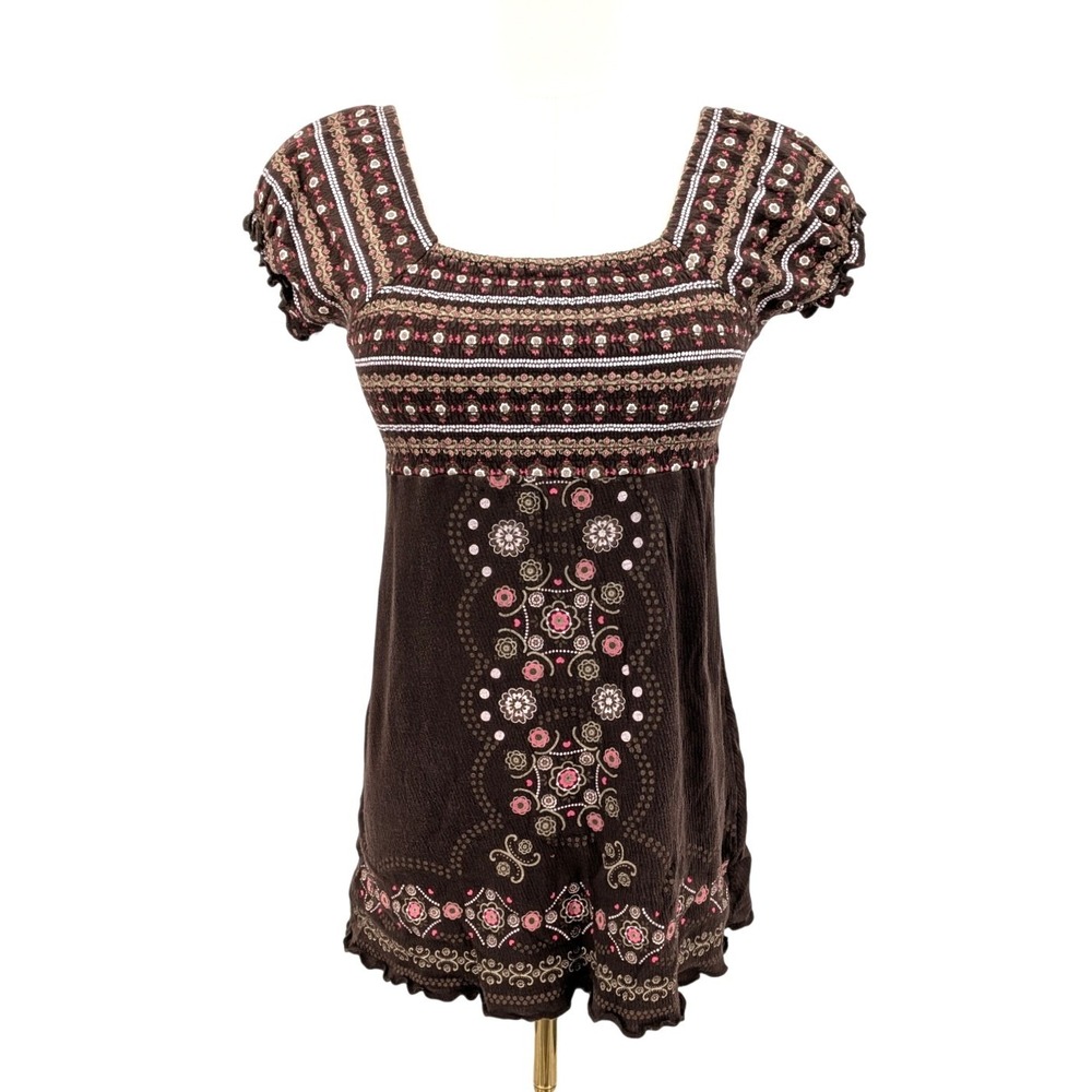 Y2K brown floral empire waist tunic top short sleeve womens XS S